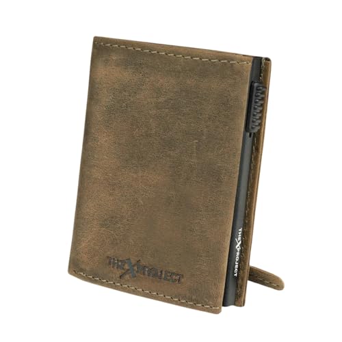 Image of The X Project Vaulton Trifold Wallet | Genuine Leather | Aluminium Cardholder | Side Slide Pop-Up Card Ejector | Carry Up to 6 Cards and 1 Slot for Carrying Cash & Folded Bills (Greenish Brown)