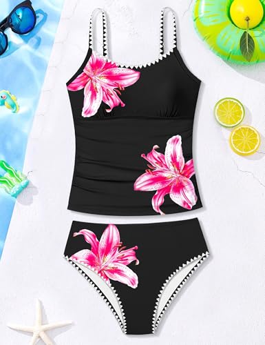 Image of Girls Swimsuit Solid Color Tankini Contrast Trim Swimwear 2 Piece Bathing Suit Padded Swimsuits for Teens 9-16Y