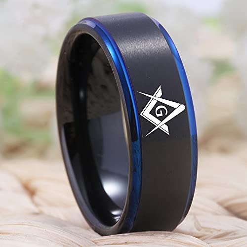 Classic Black with Blue Step Men's Tungsten Carbide Ring Brushed Masonic Compass Square Free Mason-Free Customize Engraving3