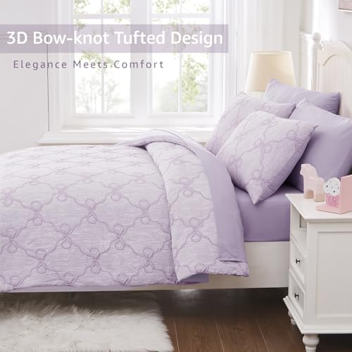 Image of Full Size Comforter Sets with Sheets for Girls-7 Pieces Bow Bed in A Bag | Soft Jacquard Full Size Bedding Sets with Light Purple Comforter, Pillowcases & Shams, 76 inch X 86 inch
