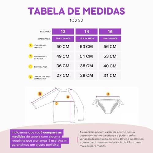 Conjunto Blusa Calcinha Proteção UV Solar Praia Juvenil 12 À 16 Biquíni Menina Piscina (BR, Numérico