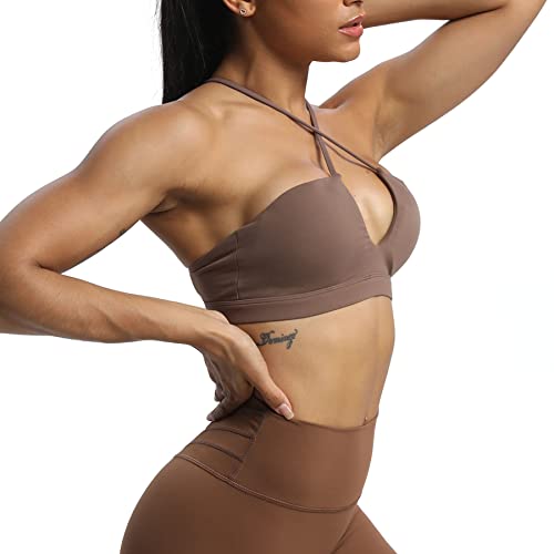 Aoxjox Women's Workout Sports Bras Jamie Deep V Fitness Backless Padded Training Gym Bra Yoga Crop Tank Top (Fudge Coffee, Small) - Image 4