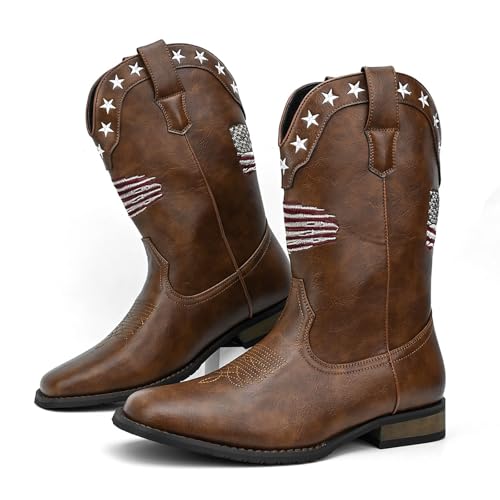 Cowboy Boots for Men Western Boots Square Toe Chunky Heel Mid-Calf Boots Classic Embroidered with Pull on Tabs2