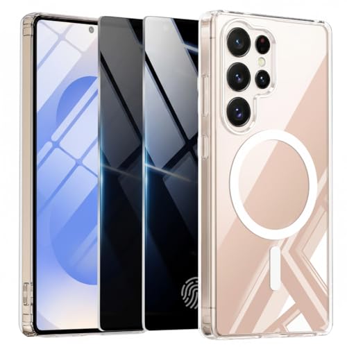 UWQAP Magnetic Case for Samsung Galaxy S25 Ultra with 2X Privacy Screen Protectors,Compatible with MagSafe,Galaxy S 25 Ultra Clear Phone Phone Case Shockproof Silicone PC Protective Cover,Transparent