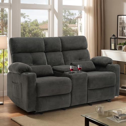 Consofa Power Reclining Loveseat with Console, Reclining Loveseat Sofa with Heat and Massage, Extended Footrest, Power Recliner Loveseat with Cup Holders, Side Pockets, Lumbar Support for Living Room