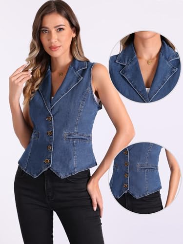 Allegra K Denim Waistcoat for Women's Sleeveless Jackets Button Closure Notched Lapel Vest2