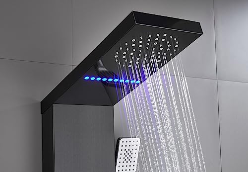 Image of ELLO&ALLO Shower Panel System Tower, LED Rainfall and Mist Head Rain Massage Stainless Steel Bathroom Fixtures with LED Body Jets, Brushed Black