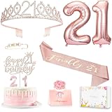 21st Birthday Gifts Decorations for Her, Including 21st Cake Toppers, Birthday Queen Sash with Pearl Pin, Sweet Rhinestone Tiara Crown, Number Candles and Balloons Set, Rose Gold