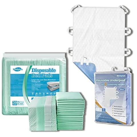 MILDPLUS Disposible Underpads with Adhesive Strips 30X36 (30Count) and Washable Bed Pads with 8 Sturdy Handles 34X52(1 Pack; Blue), Heavy Absorbency Incontinence Pads, Waterproof Pee Pads Cover