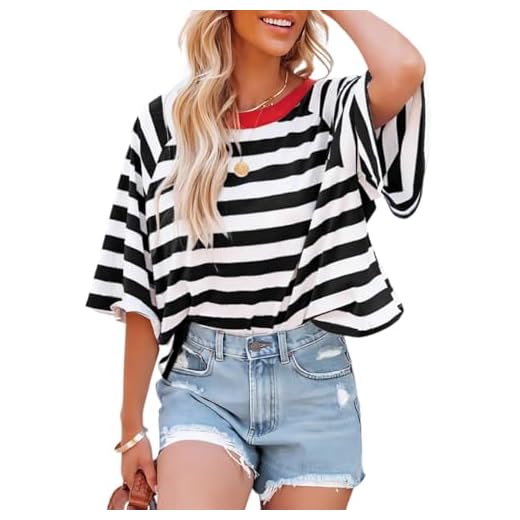 Chicrise Damen Oberteile Sommer Oversize Gestreift Kurzarm T-Shirt Rundhals Casual Mode Ringelshirt Schwarz Weiß X Groß 46-48