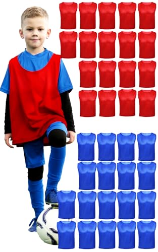 ATHLOVA Kids Scrimmage Vests - Mesh Practice Jerseys for Soccer, 18 Red & 18 Blue