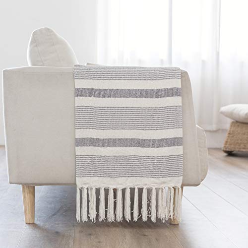 Decorative Grey Ivory Striped Throw With Fringe, Soft Chenille Knitted Farmhouse Lightweight Blanket With Tassels For Couch Sofa Chair Bed Office Home Décor, Gray And Off White,50" X 60" #TOP5