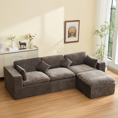 Image of 115''Cloud Boneless Sectional Couch, Modular Sectional Sofa Deep Seat with Ottoman, Oversized Upholstered Convertible Comfy 4 Seater Chenille Sofa L Shape Couches for Living Room, Brown
