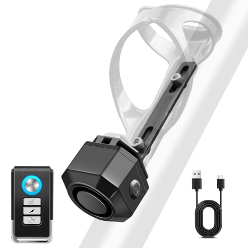 Cruxer Fahrrad Alarmanlage mit L-Förmiger Halterung für Trinkflaschenhalter über USB Aufladbar Lautstärke und Empfindlichkeit Einstellbar (110 dB) Diebstahlschutz-Vibrationsalarm mit Fernbedienung