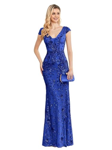 Image of Womens Sequined Long Evening Gown Glamous Sleeveless V-Neck Mermaid Prom Dress for Wedding Party Club Occasions