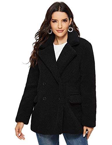 Escalier Women's Faux Shearling Coat Warm Winter Long Sleeve Lapel Fluffy Fur Outwear Black Small
