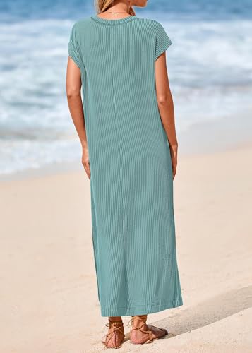 Image of KIRUNDO Womens Summer Ribbed Knit Short Sleeve Maxi Dress