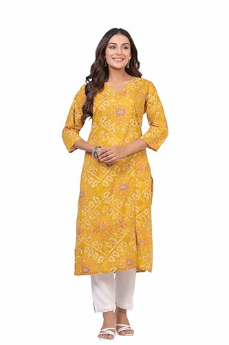 Image of Ichaa Women's Cotton Kurta | Printed Straight Kurta | V-Neck, 3 /4th Sleeve, Ethnic Wear