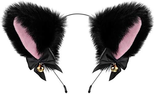 Cat Ears Hair Band Cosplay Cat Ears Hair Accessories Cat Ear Headband with Bells Hair Accessories for Women Girls Daily Decoration and Party (Black with Pink)