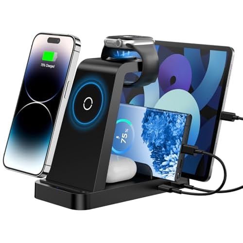 Wireless Charger for iPhone – 5 in 1 Charging Station for Multiple Devices Apple: Fast Wireless Charging Stand Dock for iPhone 16e 16 15 14 13 12 Pro Max Apple Watch Airpods