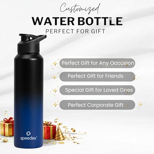 Image of Speedex Engraved Name Stainless Steel Sipper Water Bottle 1 Ltr - Customised Personalised Bottle for Kids & Adults, School, Gym, Sports, Black, Set of 1 (Black Blue, Set Of 1)