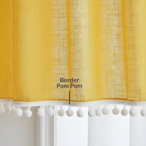 Image of HOMEMONDE Sheer 10 Feet Curtains with Decorative Side Border Pompom Curtain for Long Door, Linen Textured Light Filtering, Rod Pocket, 1 Piece - (304 CM, Mustard)
