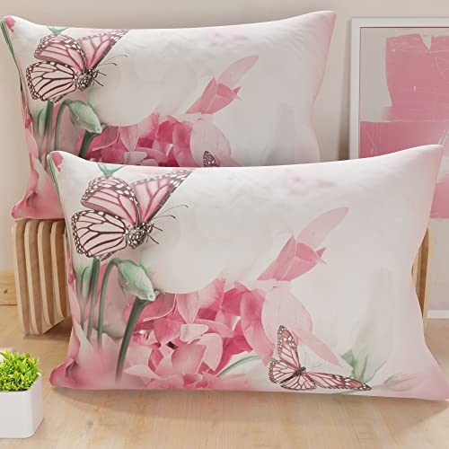 PETTI Artigiani Italiani - Coppia di Federe Cuscino 40x80 cm in Microfibra, Cuscini Arredo Camera da Letto, Divano, Salotto, Set 2 Fodere Copricuscino, Federa Roses Butterfly, 100% Made in Italy