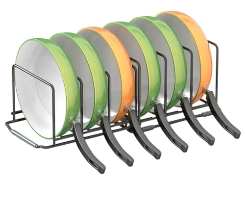 Image of Craft Expertise Pan Pot Rack Organizer with Lid Holder - 6 Slot Adjustable Countertop Cookware Rack, Space Saving Iron Pan Organizer for Kitchen Cabinet Black, Length 17 inch x Width 7 inch x Height 6 inch