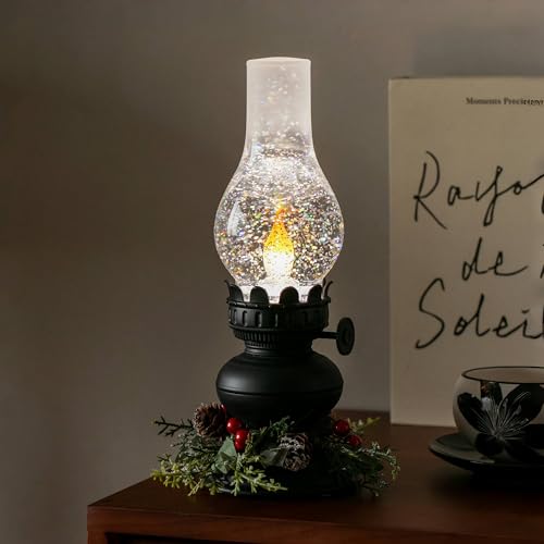 Vintage LED Hurricane Lantern with Flickering Flame & Snow Globe