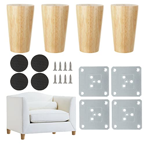 GOYADA 4er-Set Möbelbeine aus Holz, 8 cm, Braun, Rund, 50 x 80 mm, für Sofa, Schrank, TV-Schrank, Bett, Couchtisch, Schreibtisch, Esstisch, Schminktisch, DIY-Projekte, mit Montageplatten und Schrauben