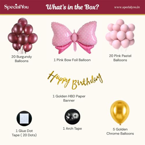 Image of Special You Pink Bow Foil Balloon Theme Birthday Decoration Items for Girls | Burgundy & Pink Pastel Happy Birthday Decor Kit with Golden Chrome Balloons | 49 Items