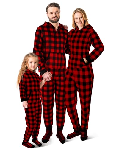 Christmas Matching Family Pajamas Sets Buffalo Plaid Couple Hoodie Zipper Jumpsuit with Pockets and Sock