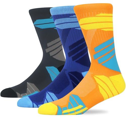 MAKABO Men's Cushioned Athletic Socks 3-Pack, Cushioned Crew Socks with Arch Compression for Sports