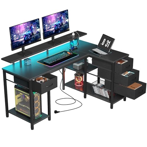 Seventable Computertisch L Form mit 4 Schubladen & Ablageflächen, Gaming Tisch mit LED &...