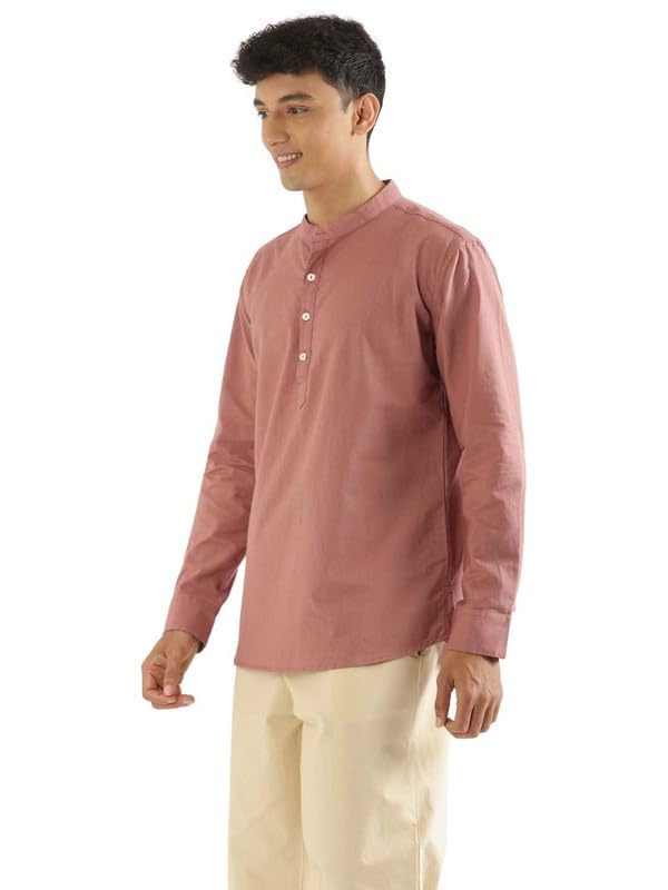 Image of SAADAA Men's Short Kurta - Linen Cotton Blend, Airy Fabric, Regular Fit, Mandarin Collar, Solid Color - Casual, Festive & Ethnic Wear