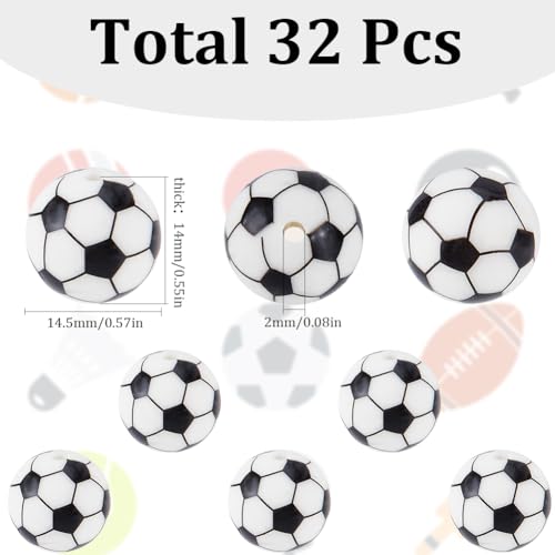 SUNNYCLUE 32Pcs 15mm Soccer Beads Sports Silicone Focal Beads White Black Small Loose Round Ball Beaded Pens Bead for Graduation Party Office Supplies Crafts Keychain Necklace jewellery Making Beginne - Image 2