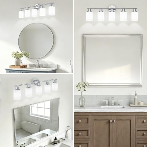 Image of 5-Light Chrome Vanity Lights for Mirror, Bathroom Light Fixtures with Textured Milky White Glass Shade, Modern Kitchen Light Fixtures Wall Sconce Light