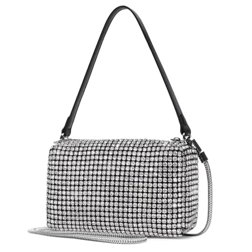 chefeggukk Bling Shiny Crossbody Bag Silver Rhinestone Purse Evening Handbag Wedding Prom Party Sparkling Clutches for Woman Girls (Silver, 7x 3.2 x 4.7 inch)