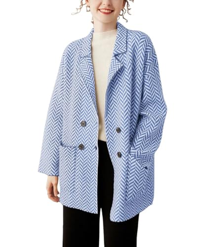chouyatou Women's Herringbone Striped Cardigans Double Breasted Business Casual Knitted Sweater Coatigan Jacket