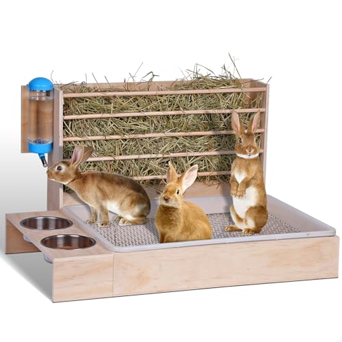 MOGOULUA Grand râtelier à foin 4 en 1 - En bois - Distributeur de nourriture pour lapins - Avec bac à litière pour chat - Bouteille d'eau - Distributeur de nourriture pour hamster - Distributeur
