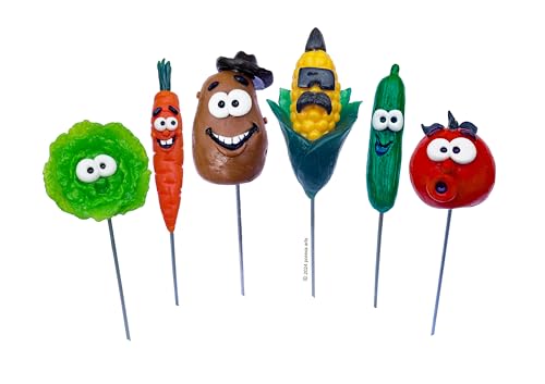 Paquete de 6 estacas para esculturas de frutas y verduras en 3D, para etiquetar sus plántulas/plantas. (Lechuga, zanahoria, patata, maíz dulce, pepino y tomate.)