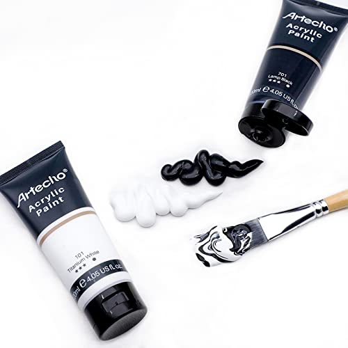 Image of Artecho Professional Acrylic Paint, White and Black (120ml / 4.05oz) Tubes, Art Craft Paints for Canvas, Rock, Stone, Wood, Fabric, Art Supplies