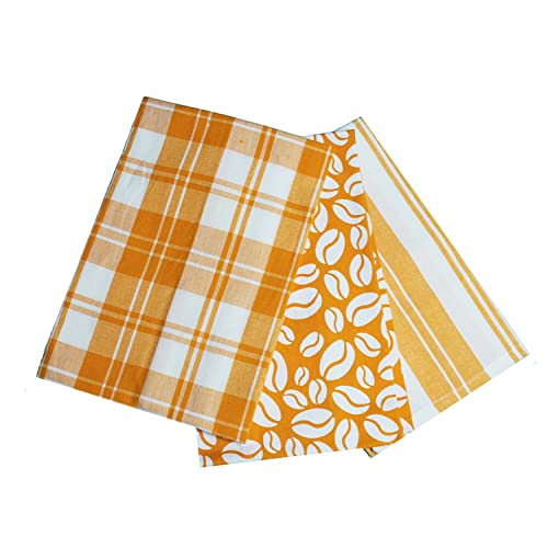 Prime Housewares Set of 3 Beautiful Design Tea Towels 45cm x 65cm Tea Towel Sets 100% Cotton (Orange Bean)
