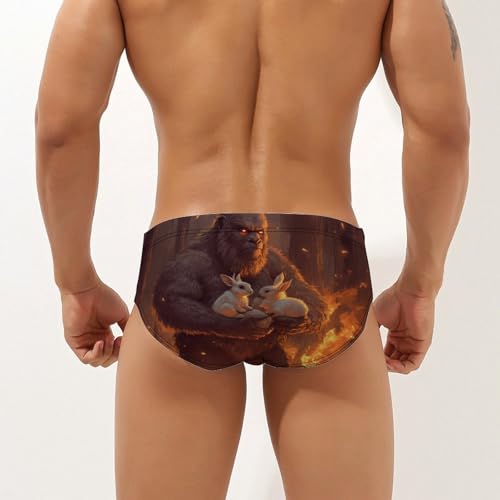 Bigfoot Rabbits Fire Printed Swim Briefs for Men Sexy Bikini Swimwear Elastic Beach Trunks Bathing Suit3
