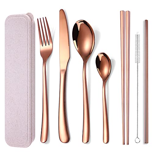 Image of AARAINBOW 7 Pieces Stainless Steel Flatware Set Portable Reusable Cutlery Set Travel Utensils Set Including Chopsticks Knife Fork Spoon Straws Cleaning Brush Dishwasher Safe (7 Rose Golden)