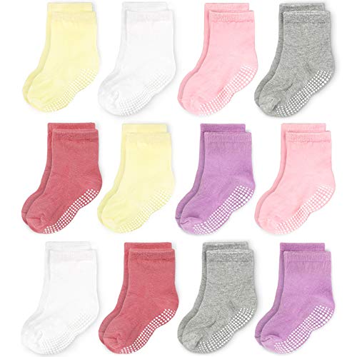 CozyWay Non Slip Toddler Socks 12 Pairs with Grip for Boys Girls Baby Infants Kids Anti Skid Cotton Crew Socks 1-3 Years