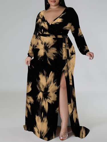 Image of PinkPatty Women's Plus Size Long Sleeve Maxi Dress Casual V Neck Slit Tie Waist Wrap Dresses for Party Cocktail