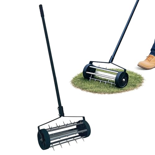 Oypla Heavy Duty Hand Held Push Along Garden Lawn Aerator - c/w Spikes