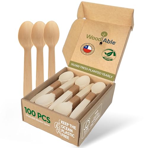 Disposable Wooden Cutlery Set - 100% Home Compostable - 100 Spoons 6.5", Bamboo Utensils Alternative, Eco-Friendly, Organic, Sustainable and Carbon Neutral Certified