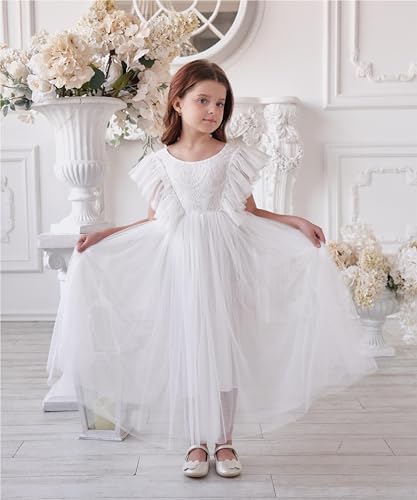 First Communion Dress Lace/Tulle Ruffles Sleeve Flower Girl Dresses for Wedding Ball-Gown Garden Party Daily4
